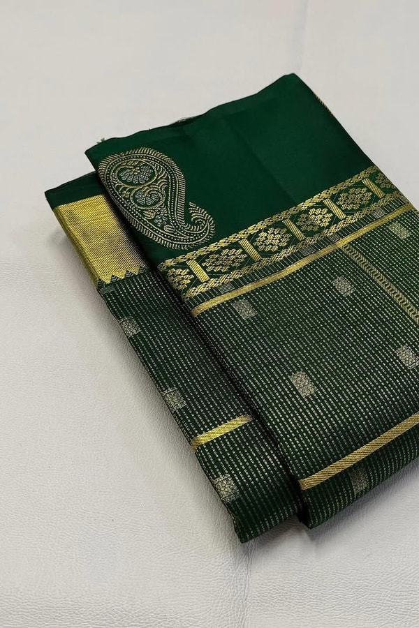 Pinstripe Checks Banarasi Soft Silk Saree with Paisley Zari Border in Purple and Bottle Green  in Surat