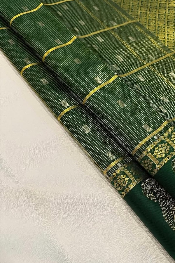 Pinstripe Checks Banarasi Soft Silk Saree with Paisley Zari Border in Purple and Bottle Green  in Surat