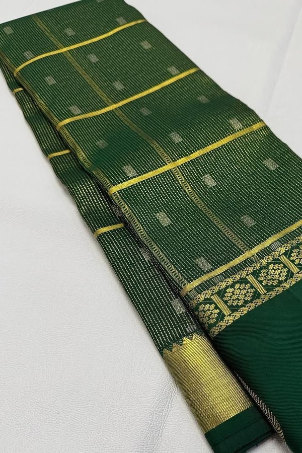 Pinstripe Checks Banarasi Soft Silk Saree with Paisley Zari Border in Purple and Bottle Green  in Surat