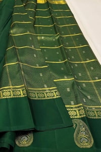 Pinstripe Checks Banarasi Soft Silk Saree with Paisley Zari Border in Purple and Bottle Green  in Surat
