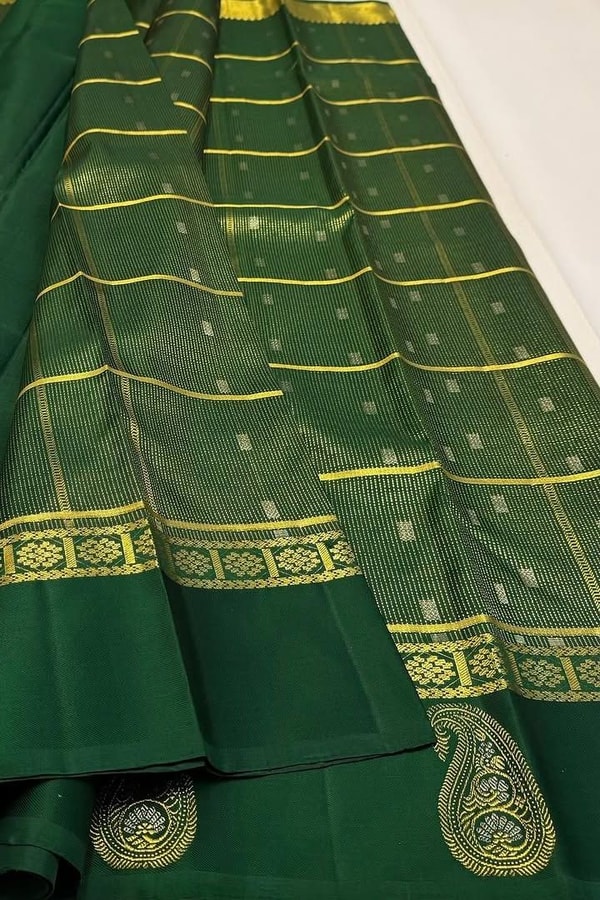 Pinstripe Checks Banarasi Soft Silk Saree with Paisley Zari Border in Purple and Bottle Green  in Surat