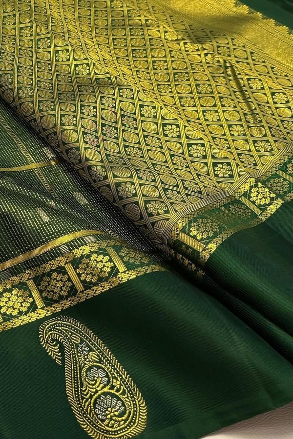 Pinstripe Checks Banarasi Soft Silk Saree with Paisley Zari Border in Purple and Bottle Green  in Surat