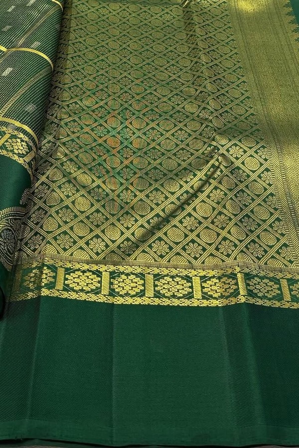 Pinstripe Checks Banarasi Soft Silk Saree with Paisley Zari Border in Purple and Bottle Green  in Surat