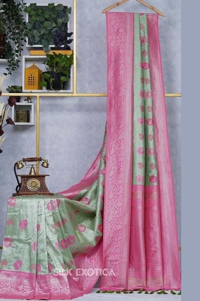 Pista Green Banarasi Soft Silk Saree with Pink Rose Buttis and Pink Zari Border and Pallu in Surat