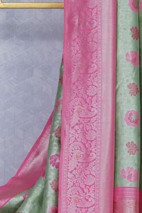 Pista Green Banarasi Soft Silk Saree with Pink Rose Buttis and Pink Zari Border and Pallu  in Surat