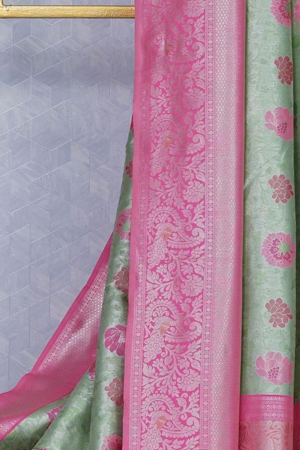 Pista Green Banarasi Soft Silk Saree with Pink Rose Buttis and Pink Zari Border and Pallu  in Surat