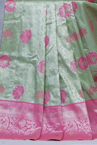 Pista Green Banarasi Soft Silk Saree with Pink Rose Buttis and Pink Zari Border and Pallu  in Surat