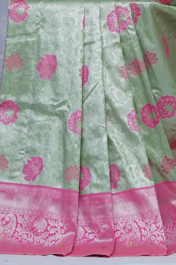 Pista Green Banarasi Soft Silk Saree with Pink Rose Buttis and Pink Zari Border and Pallu  in Surat
