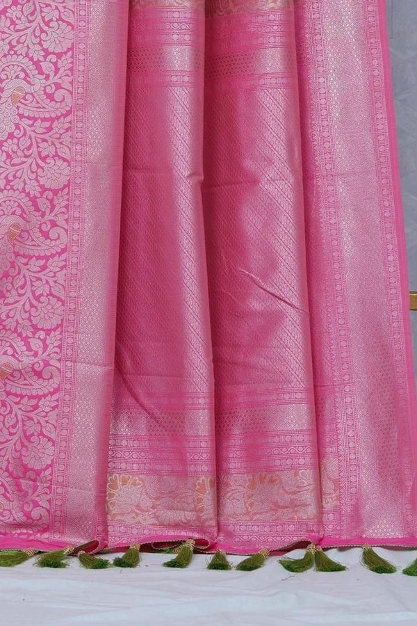 Pista Green Banarasi Soft Silk Saree with Pink Rose Buttis and Pink Zari Border and Pallu  in Surat