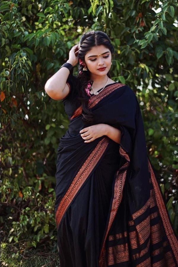Plain Black Banarasi Soft Silk Saree with Rust Copper Zari Woven Border and Pallu  in Surat