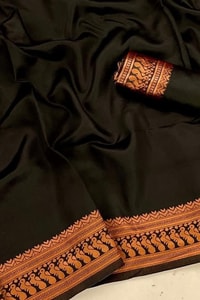 Plain Black Banarasi Soft Silk Saree with Rust Copper Zari Woven Border and Pallu  in Surat