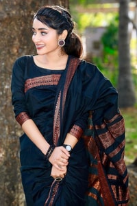 Plain Black Banarasi Soft Silk Saree with Rust Copper Zari Woven Border and Pallu  in Surat
