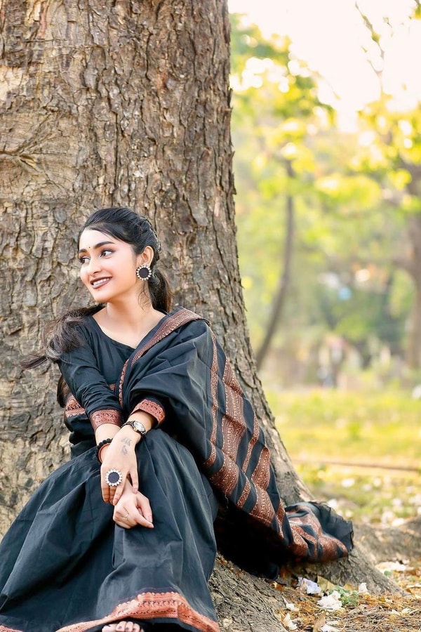 Plain Black Banarasi Soft Silk Saree with Rust Copper Zari Woven Border and Pallu  in Surat