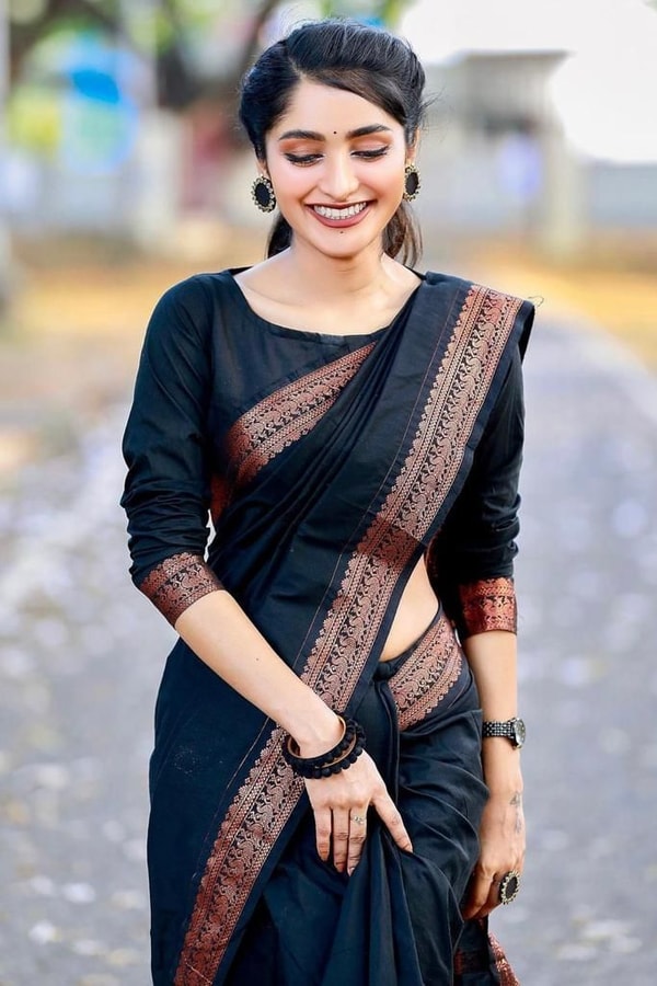 Plain Black Banarasi Soft Silk Saree with Rust Copper Zari Woven Border and Pallu  in Surat