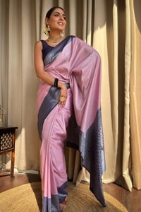 Plain Body Banarasi Soft Silk Saree with Dark Contrast Border and Silver Zari Woven Pallu  in Surat