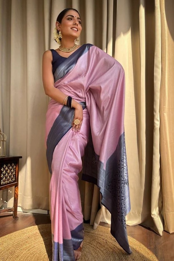 Plain Body Banarasi Soft Silk Saree with Dark Contrast Border and Silver Zari Woven Pallu  in Surat