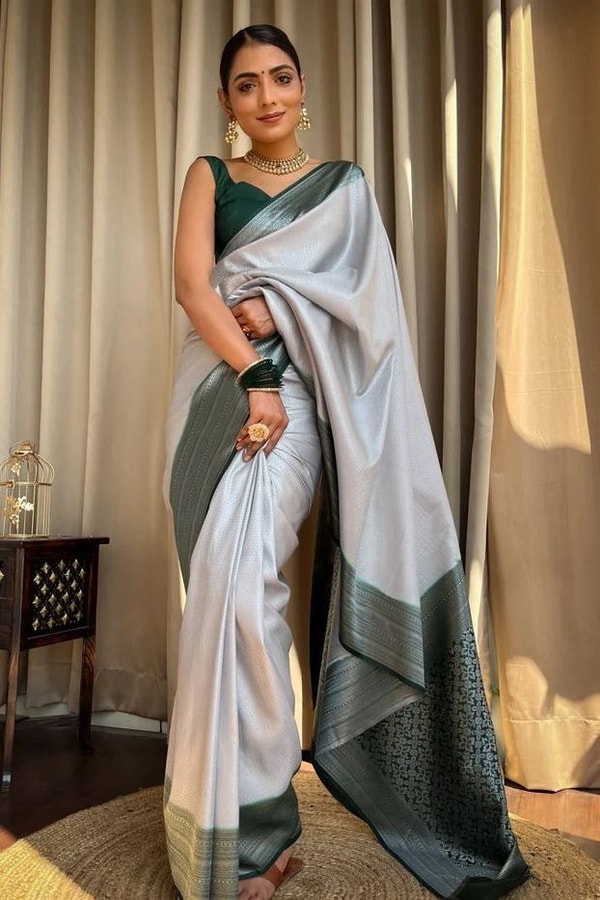 Plain Body Banarasi Soft Silk Saree with Dark Contrast Border and Silver Zari Woven Pallu  in Surat