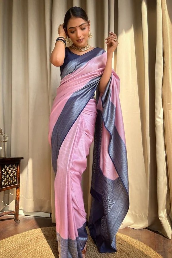Plain Body Banarasi Soft Silk Saree with Dark Contrast Border and Silver Zari Woven Pallu  in Surat