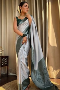 Plain Body Banarasi Soft Silk Saree with Dark Contrast Border and Silver Zari Woven Pallu  in Surat