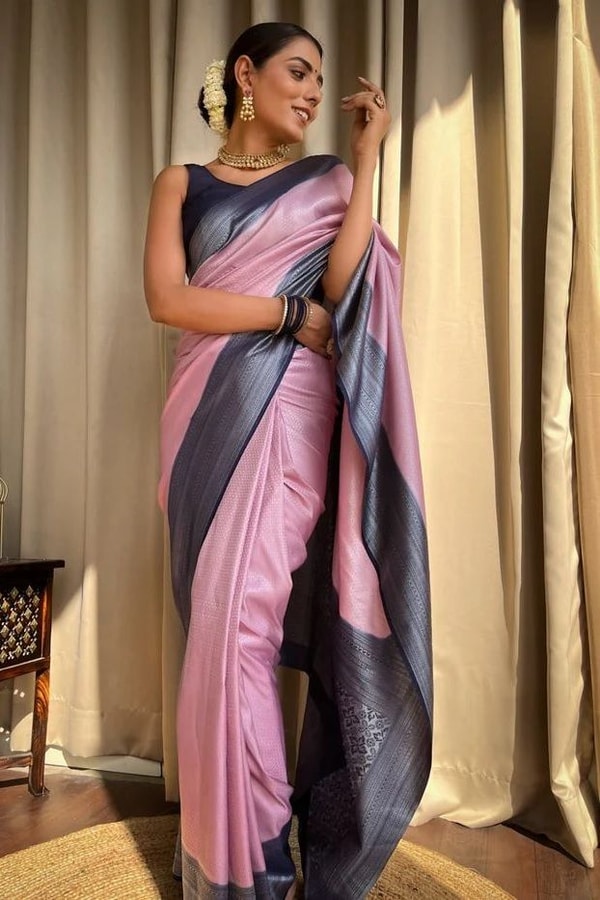 Plain Body Banarasi Soft Silk Saree with Dark Contrast Border and Silver Zari Woven Pallu  in Surat