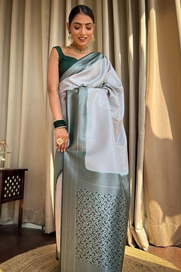 Plain Body Banarasi Soft Silk Saree with Dark Contrast Border and Silver Zari Woven Pallu  in Surat