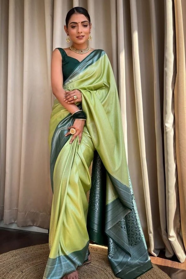 Plain Body Banarasi Soft Silk Saree with Dark Contrast Border and Silver Zari Woven Pallu  in Surat