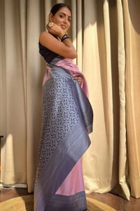 Plain Body Banarasi Soft Silk Saree with Dark Contrast Border and Silver Zari Woven Pallu  in Surat