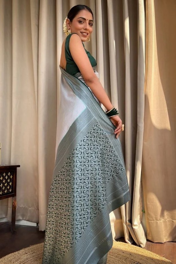 Plain Body Banarasi Soft Silk Saree with Dark Contrast Border and Silver Zari Woven Pallu  in Surat