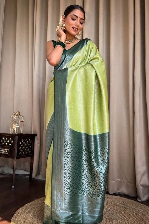 Plain Body Banarasi Soft Silk Saree with Dark Contrast Border and Silver Zari Woven Pallu  in Surat