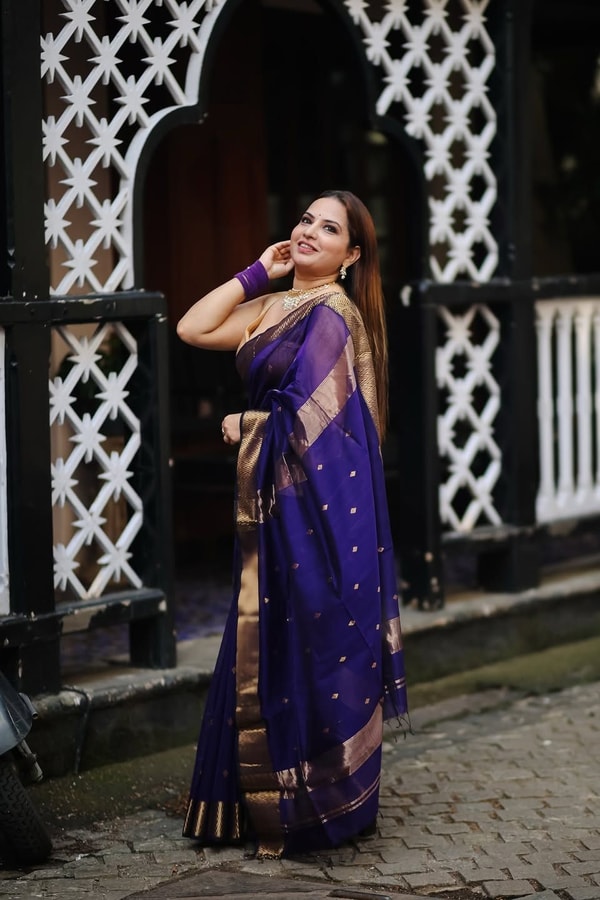 Plain Body Saree with Wide Gold Zari Border and Pallu in Purple, Black, Green and Red  in Surat