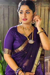 Plain Body Saree with Wide Gold Zari Border and Pallu in Purple, Black, Green and Red  in Surat
