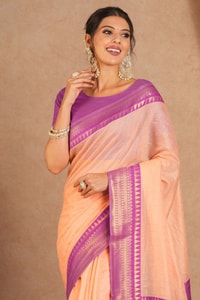 Plain Peach Banarasi Saree with Orchid Purple Zari Border and Checked Zari Pallu  in Surat