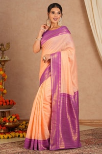 Plain Peach Banarasi Saree with Orchid Purple Zari Border and Checked Zari Pallu  in Surat