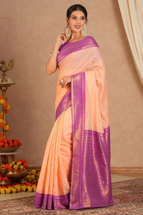 Plain Peach Banarasi Saree with Orchid Purple Zari Border and Checked Zari Pallu  in Surat