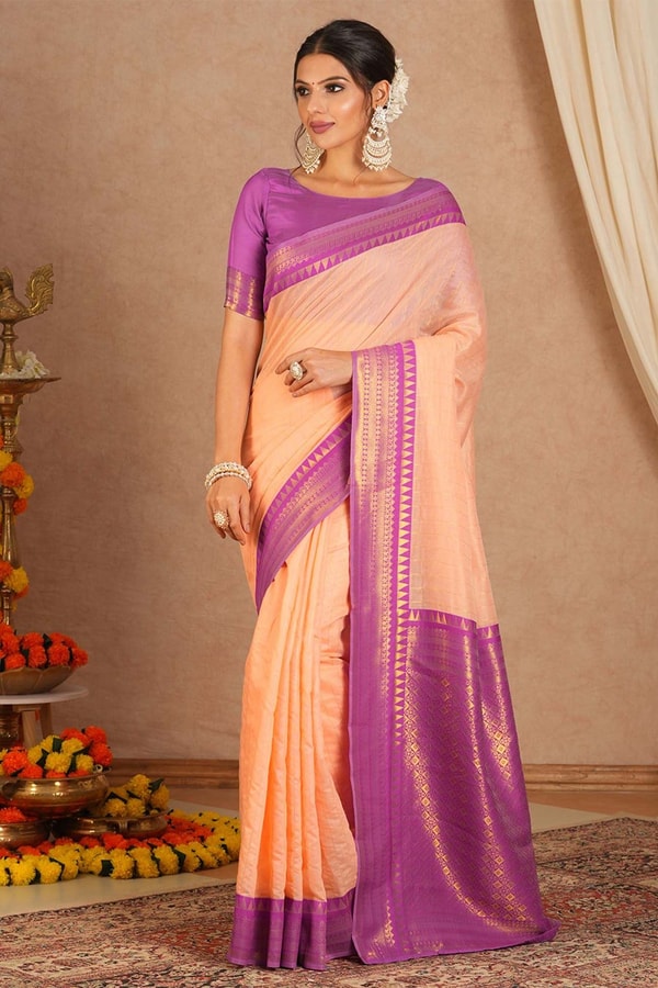 Plain Peach Banarasi Saree with Orchid Purple Zari Border and Checked Zari Pallu  in Surat