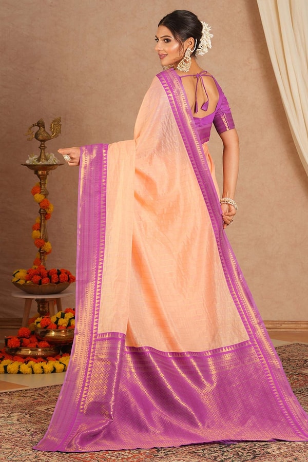 Plain Peach Banarasi Saree with Orchid Purple Zari Border and Checked Zari Pallu  in Surat