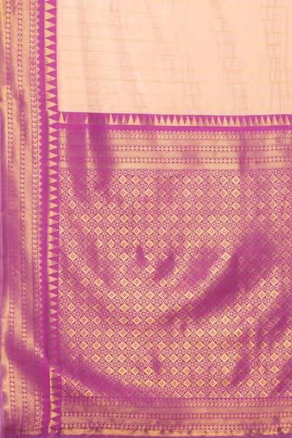 Plain Peach Banarasi Saree with Orchid Purple Zari Border and Checked Zari Pallu  in Surat