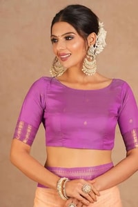 Plain Peach Banarasi Saree with Orchid Purple Zari Border and Checked Zari Pallu  in Surat