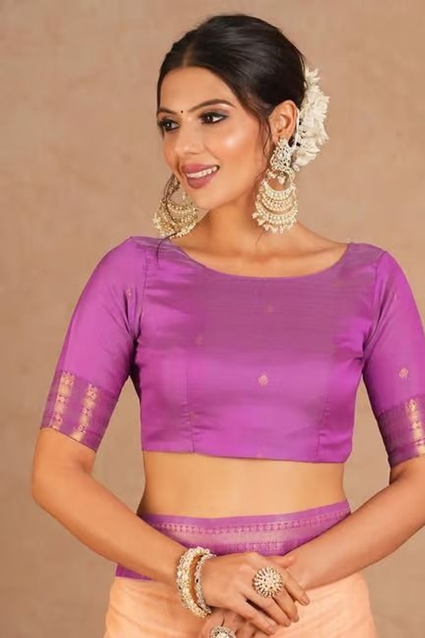 Plain Peach Banarasi Saree with Orchid Purple Zari Border and Checked Zari Pallu  in Surat