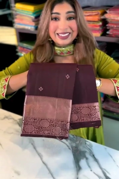 Plum Banarasi Soft Silk Saree with Tiny Zari Dots and Rose-Copper Checked Pallu in Surat