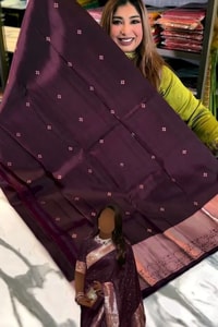 Plum Banarasi Soft Silk Saree with Tiny Zari Dots and Rose-Copper Checked Pallu  in Surat
