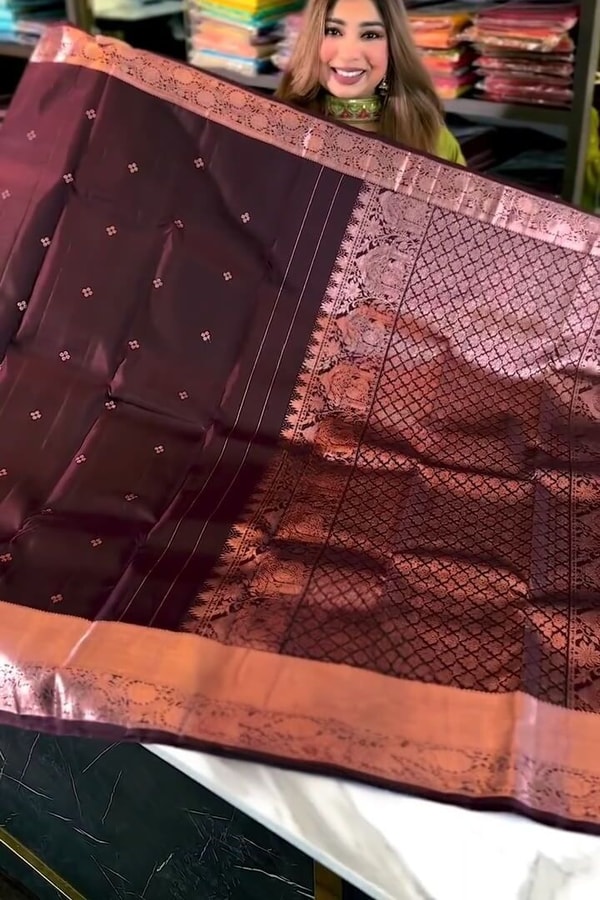 Plum Banarasi Soft Silk Saree with Tiny Zari Dots and Rose-Copper Checked Pallu  in Surat