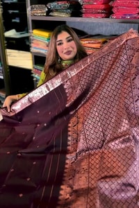 Plum Banarasi Soft Silk Saree with Tiny Zari Dots and Rose-Copper Checked Pallu  in Surat