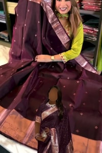 Plum Banarasi Soft Silk Saree with Tiny Zari Dots and Rose-Copper Checked Pallu  in Surat