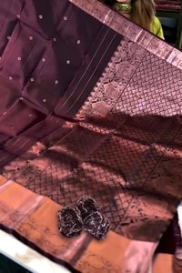 Plum Banarasi Soft Silk Saree with Tiny Zari Dots and Rose-Copper Checked Pallu  in Surat