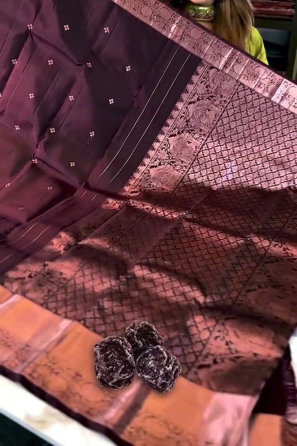 Plum Banarasi Soft Silk Saree with Tiny Zari Dots and Rose-Copper Checked Pallu  in Surat
