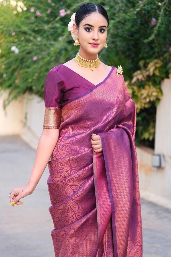 Plum Magenta Banarasi Soft Silk Saree with Copper Zari Brocade Weave  in Surat