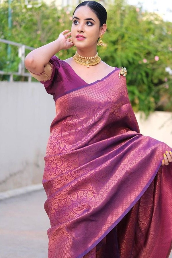 Plum Magenta Banarasi Soft Silk Saree with Copper Zari Brocade Weave  in Surat