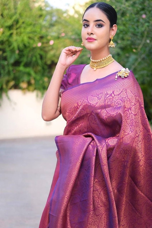 Plum Magenta Banarasi Soft Silk Saree with Copper Zari Brocade Weave  in Surat