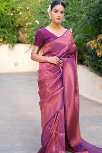 Plum Magenta Banarasi Soft Silk Saree with Copper Zari Brocade Weave  in Surat